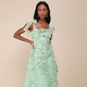 Lulus Effortlessly Sweet Sage Tulle 3d Floral Tie-strap Midi Dress Green